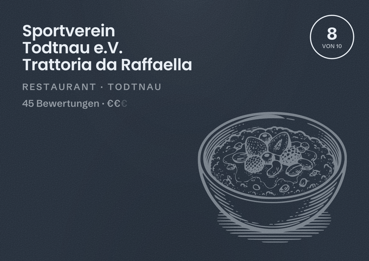 Illustriertes Poster von Sportverein Todtnau e.V. Trattoria da Raffaella, Restaurant in Todtnau: Bewertung 8 von 10 aus 45 Bewertungen, Preisniveau €€