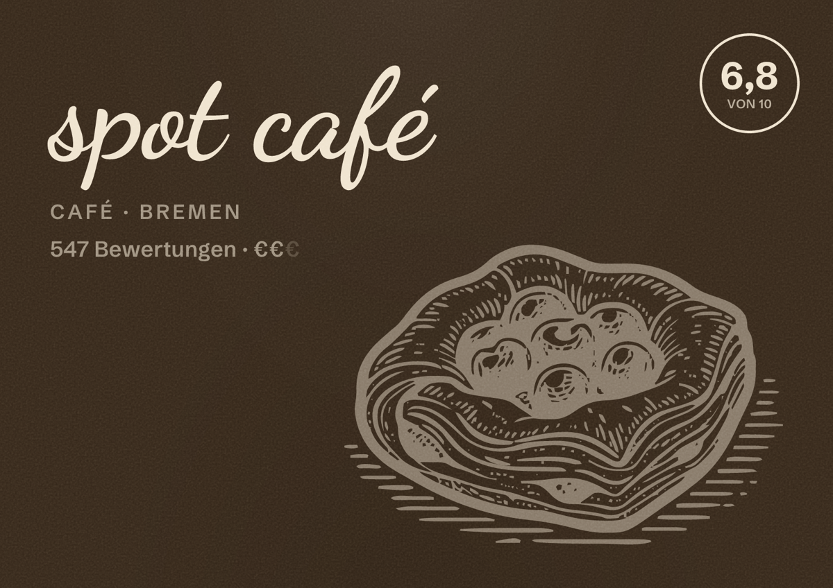Illustriertes Poster von spot café, Café in Bremen: Bewertung 6,8 von 10 aus 547 Bewertungen, Preisniveau €€