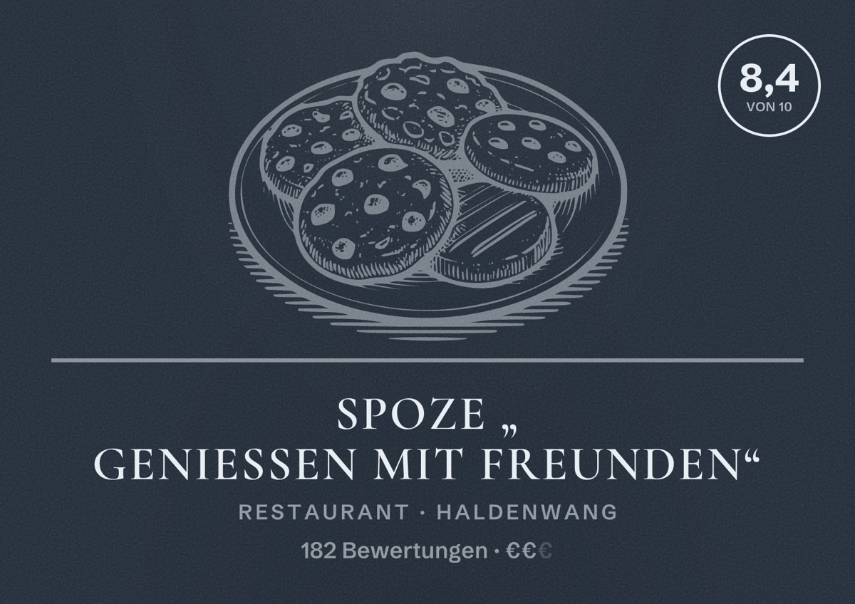 Illustriertes Poster von SpoZe „ Genießen Mit Freunden“, Restaurant in Haldenwang: Bewertung 8,4 von 10 aus 182 Bewertungen, Preisniveau €€