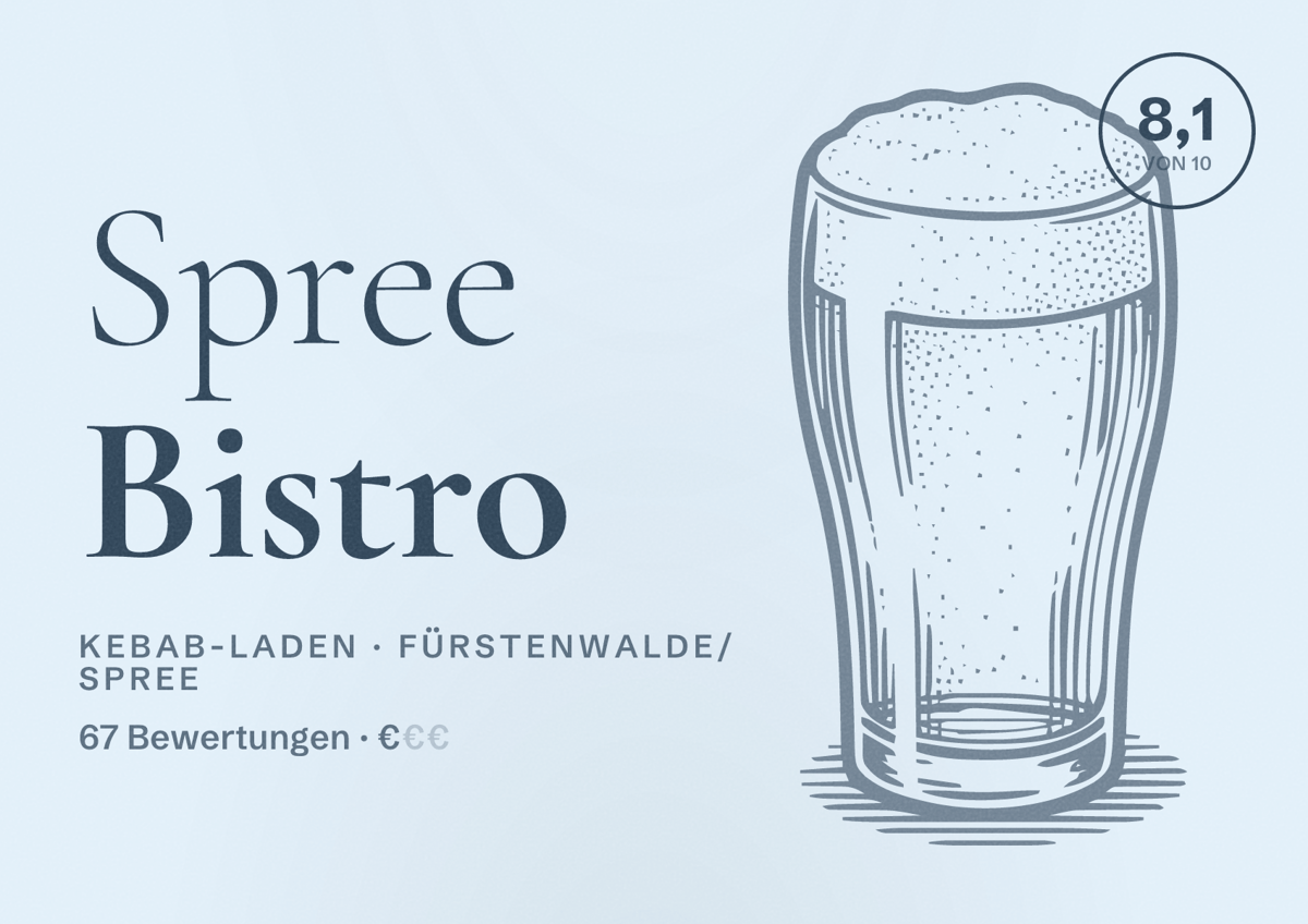 Illustriertes Poster von Spree Bistro, Kebab-Laden in Fürstenwalde/Spree: Bewertung 8,1 von 10 aus 67 Bewertungen, Preisniveau €