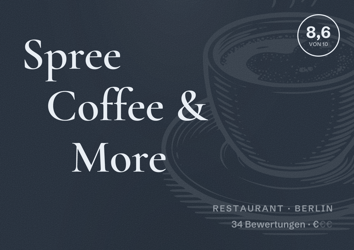 Illustriertes Poster von Spree Coffee & More, Restaurant in Berlin: Bewertung 8,6 von 10 aus 34 Bewertungen, Preisniveau €