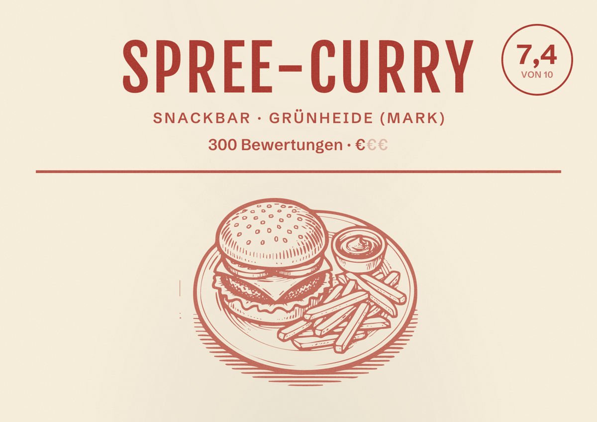 Illustriertes Poster von Spree-Curry, Snackbar in Grünheide (Mark): Bewertung 7,4 von 10 aus 300 Bewertungen, Preisniveau €