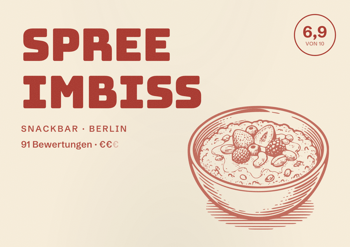 Illustriertes Poster von Spree Imbiss, Snackbar in Berlin: Bewertung 6,9 von 10 aus 91 Bewertungen, Preisniveau €€