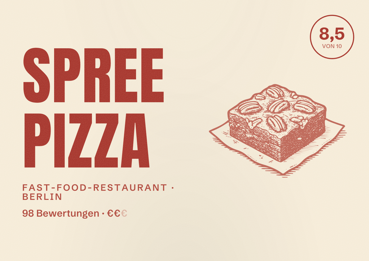 Illustriertes Poster von spree pizza, Fast-Food-Restaurant in Berlin: Bewertung 8,5 von 10 aus 98 Bewertungen, Preisniveau €€
