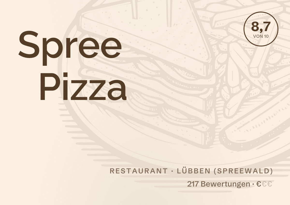 Illustriertes Poster von Spree Pizza, Restaurant in Lübben (Spreewald): Bewertung 8,7 von 10 aus 217 Bewertungen, Preisniveau €