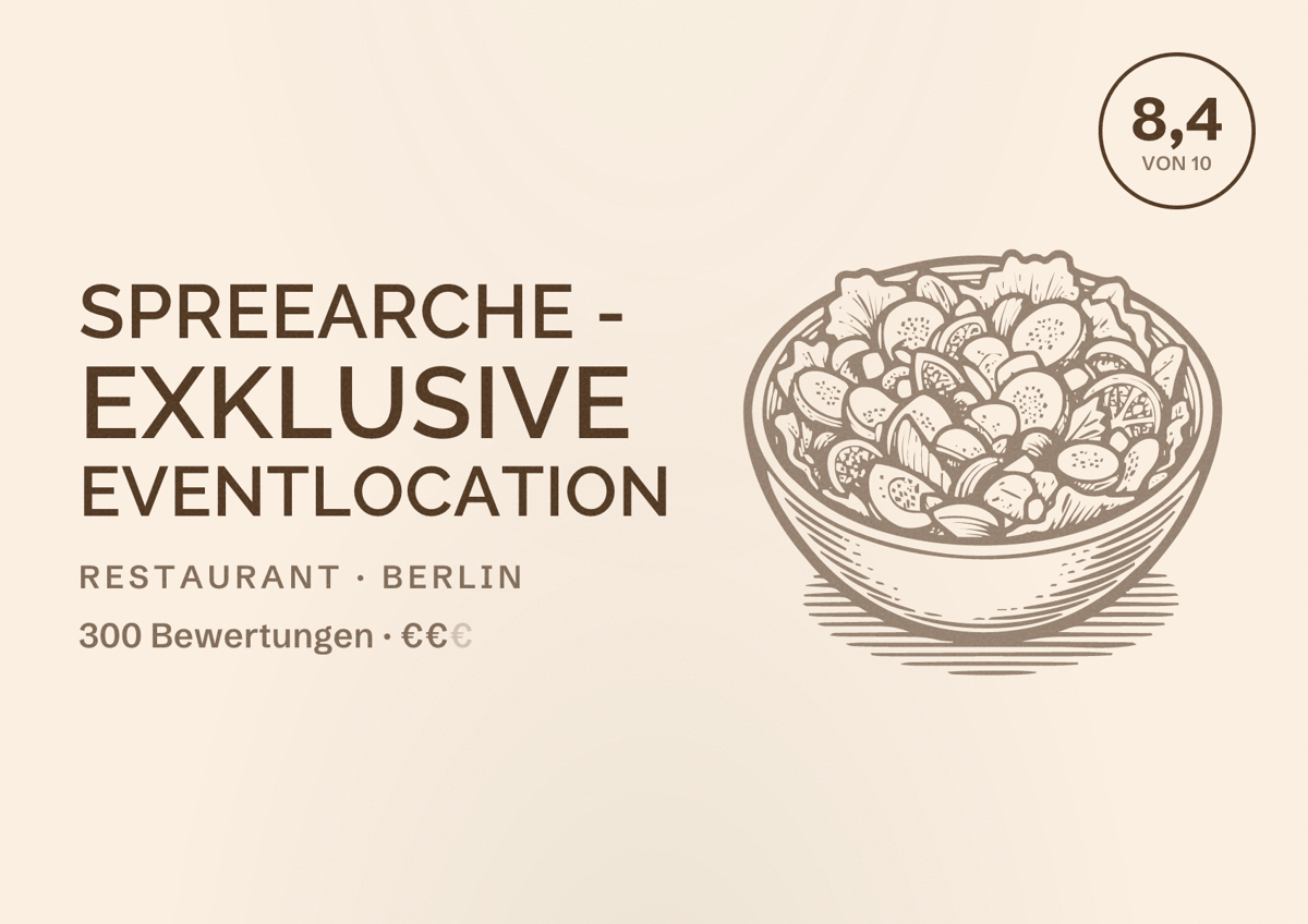 Illustriertes Poster von SpreeArche - Exklusive Eventlocation, Restaurant in Berlin: Bewertung 8,4 von 10 aus 300 Bewertungen, Preisniveau €€