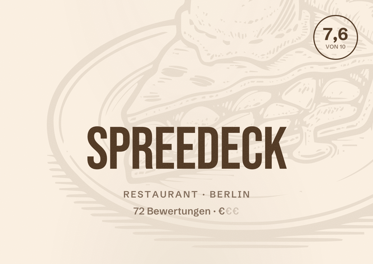 Illustriertes Poster von Spreedeck, Restaurant in Berlin: Bewertung 7,6 von 10 aus 72 Bewertungen, Preisniveau €