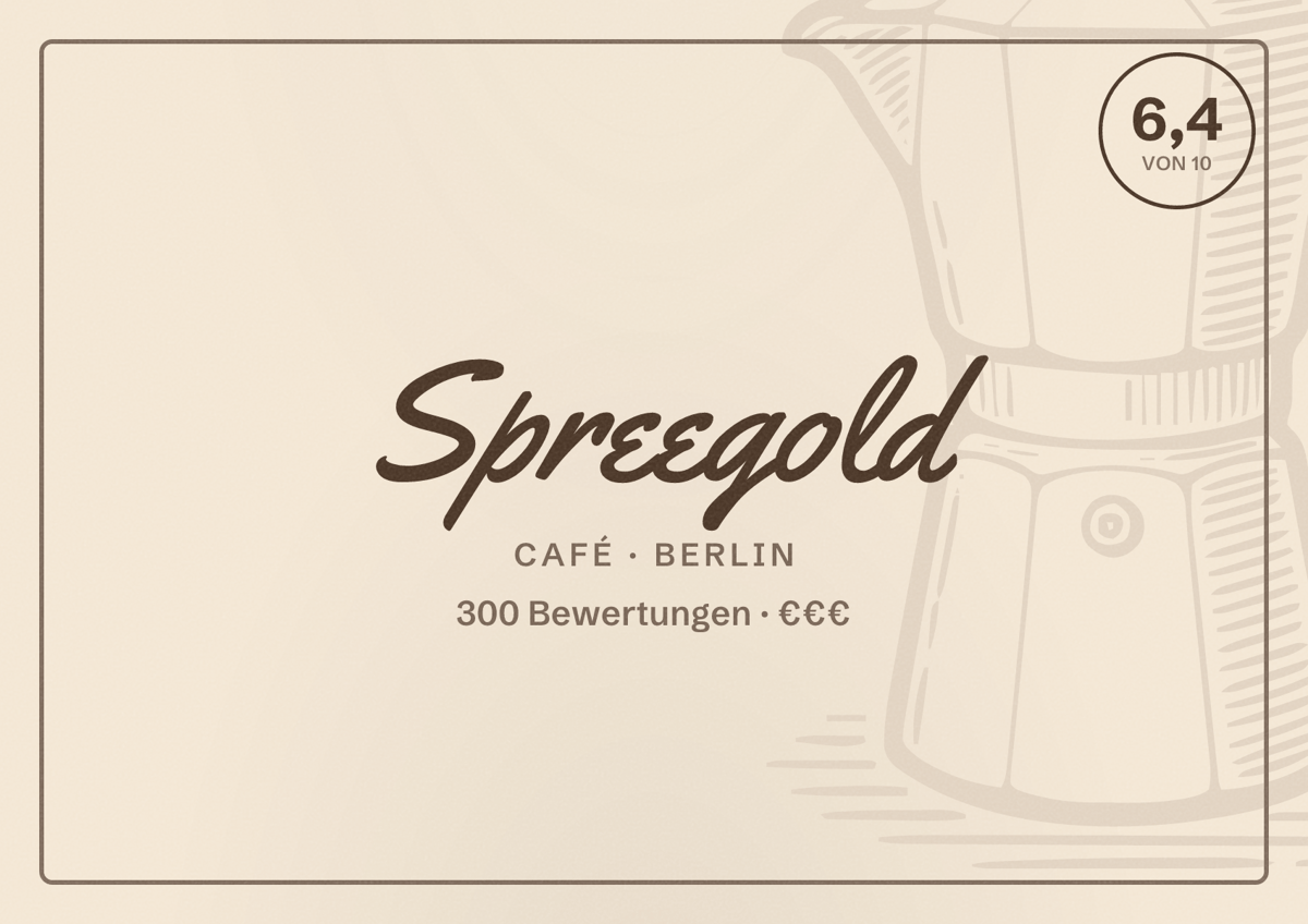 Illustriertes Poster von Spreegold, Café in Berlin: Bewertung 6,4 von 10 aus 300 Bewertungen, Preisniveau €€€