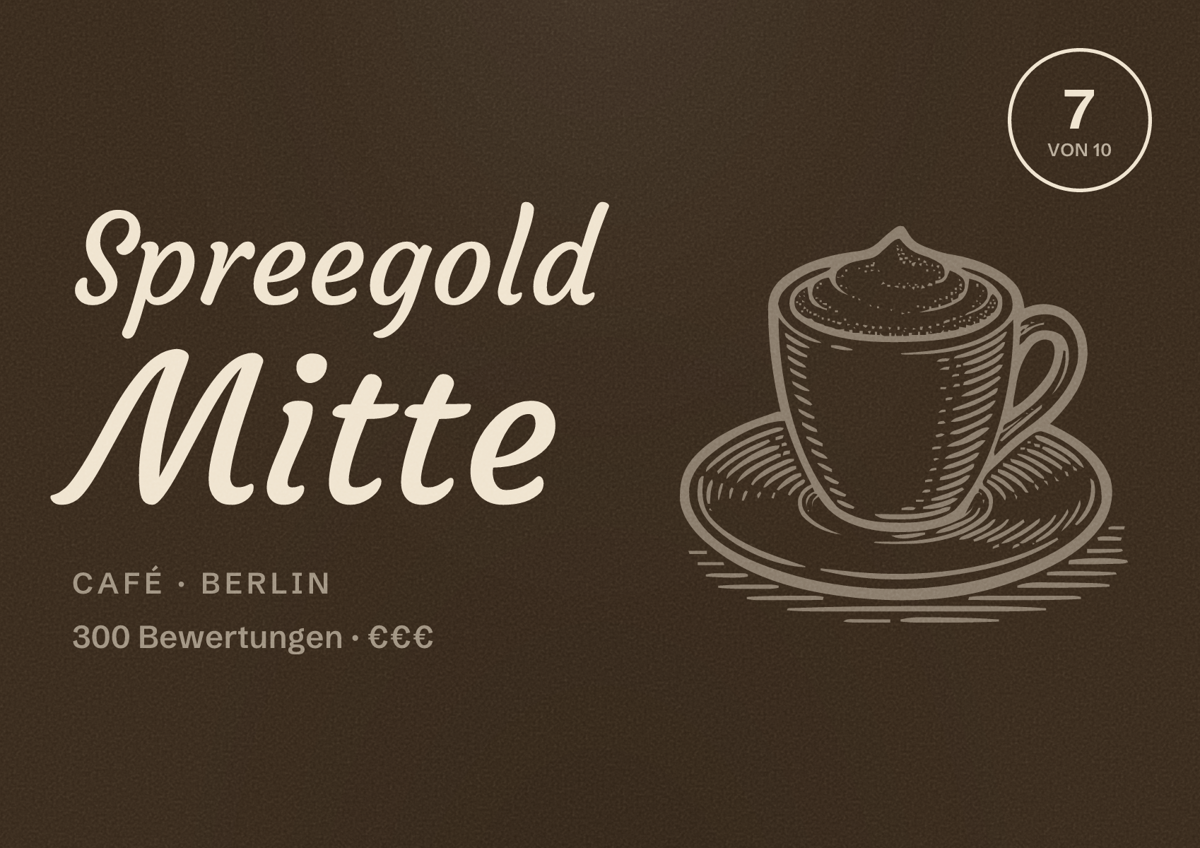 Illustriertes Poster von Spreegold Mitte, Café in Berlin: Bewertung 7,0 von 10 aus 300 Bewertungen, Preisniveau €€€