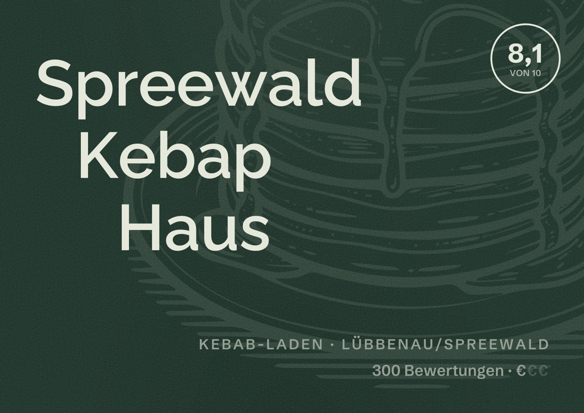 Illustriertes Poster von Spreewald Kebap Haus, Kebab-Laden in Lübbenau/Spreewald: Bewertung 8,1 von 10 aus 300 Bewertungen, Preisniveau €