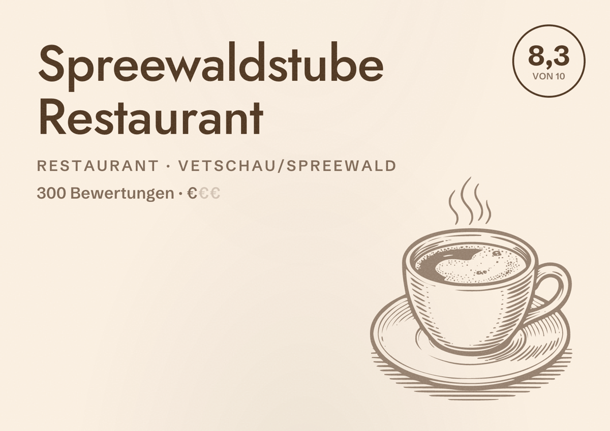 Illustriertes Poster von Spreewaldstube Restaurant, Restaurant in Vetschau/Spreewald: Bewertung 8,3 von 10 aus 300 Bewertungen, Preisniveau €