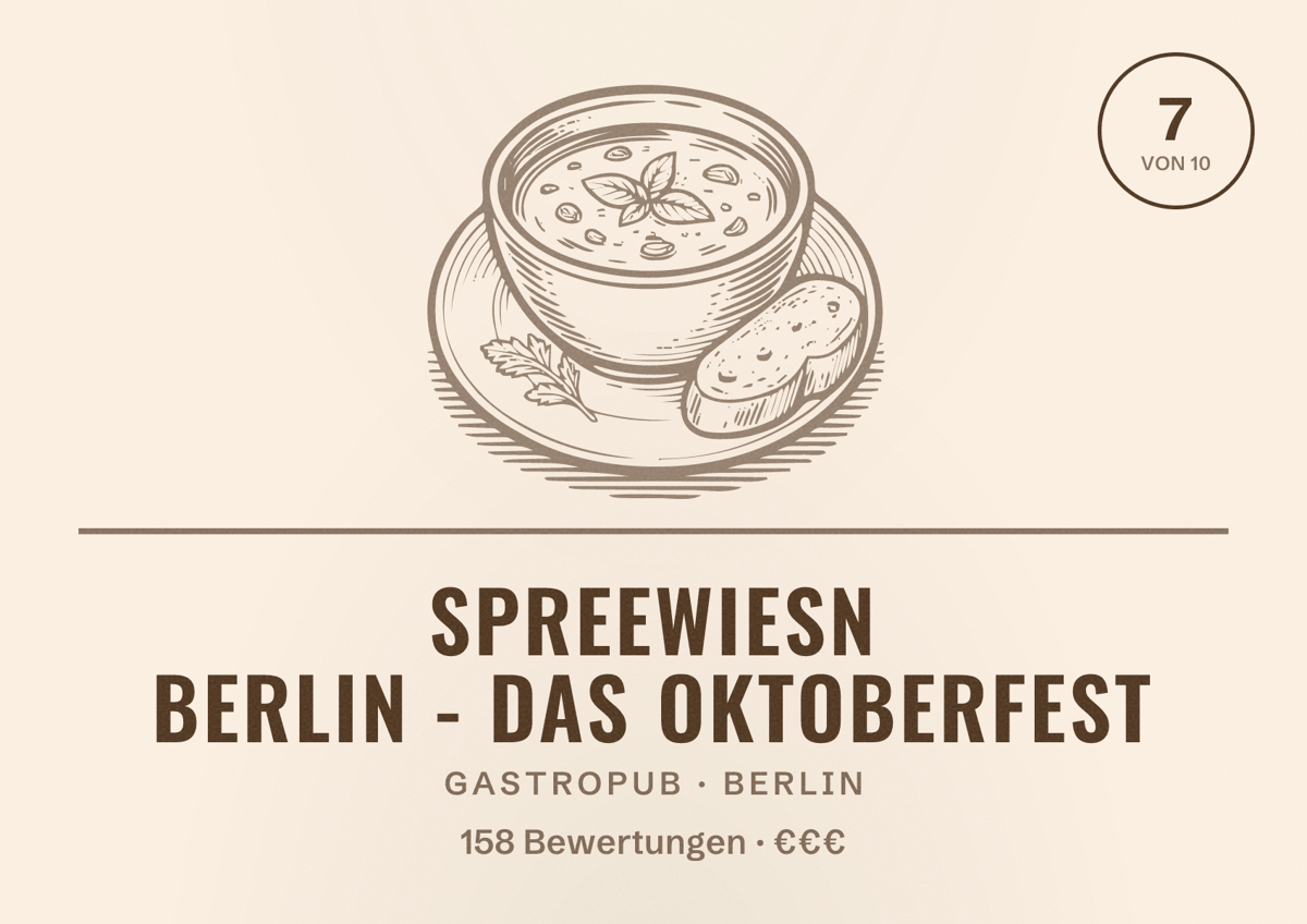 Illustriertes Poster von SpreeWiesn Berlin - Das Oktoberfest, Gastropub in Berlin: Bewertung 7,0 von 10 aus 158 Bewertungen, Preisniveau €€€