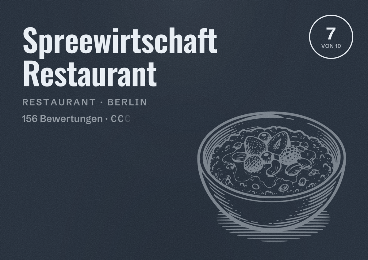 Illustriertes Poster von Spreewirtschaft Restaurant, Restaurant in Berlin: Bewertung 7,0 von 10 aus 156 Bewertungen, Preisniveau €€