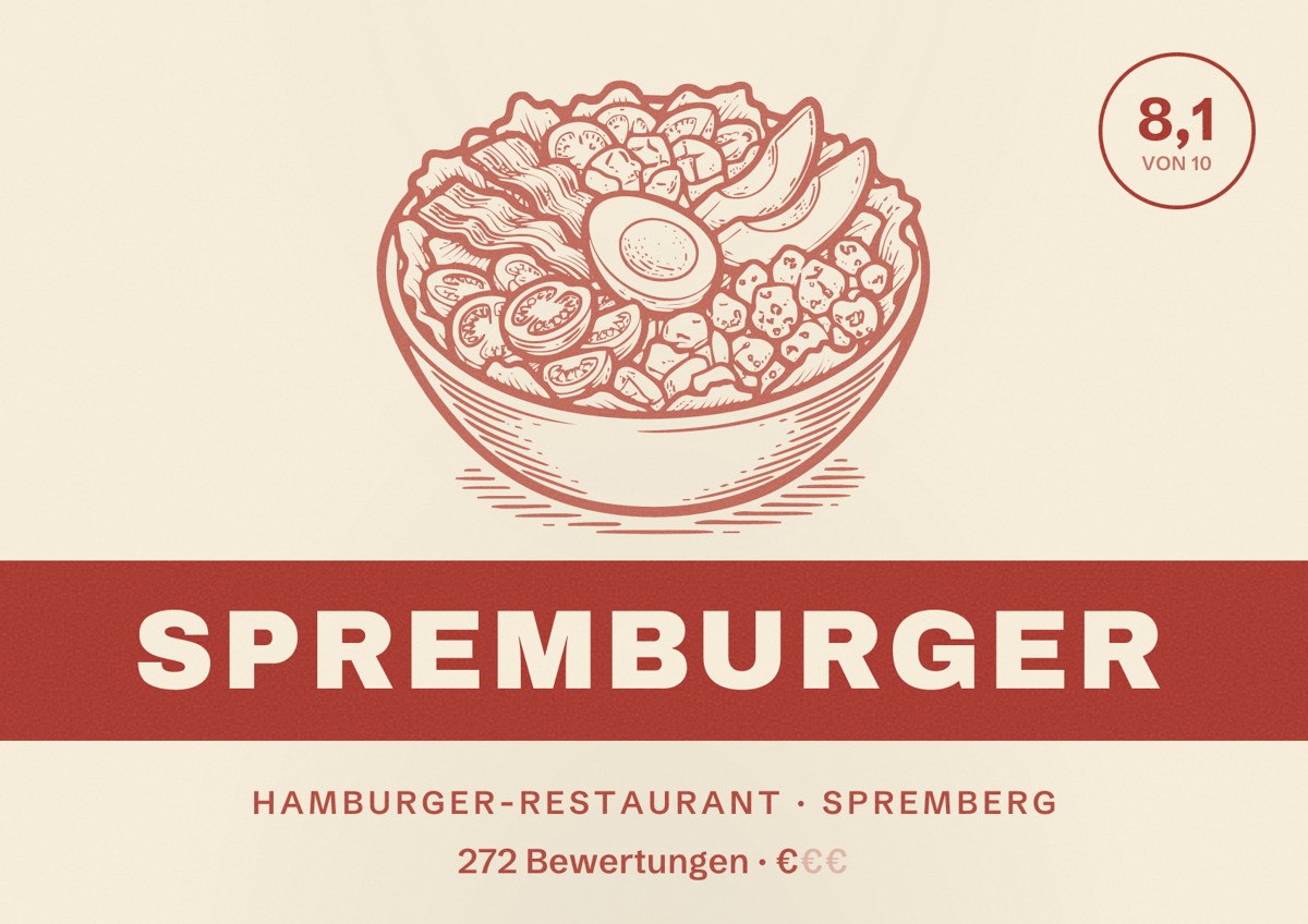 Illustriertes Poster von Spremburger, Hamburger-Restaurant in Spremberg: Bewertung 8,1 von 10 aus 272 Bewertungen, Preisniveau €