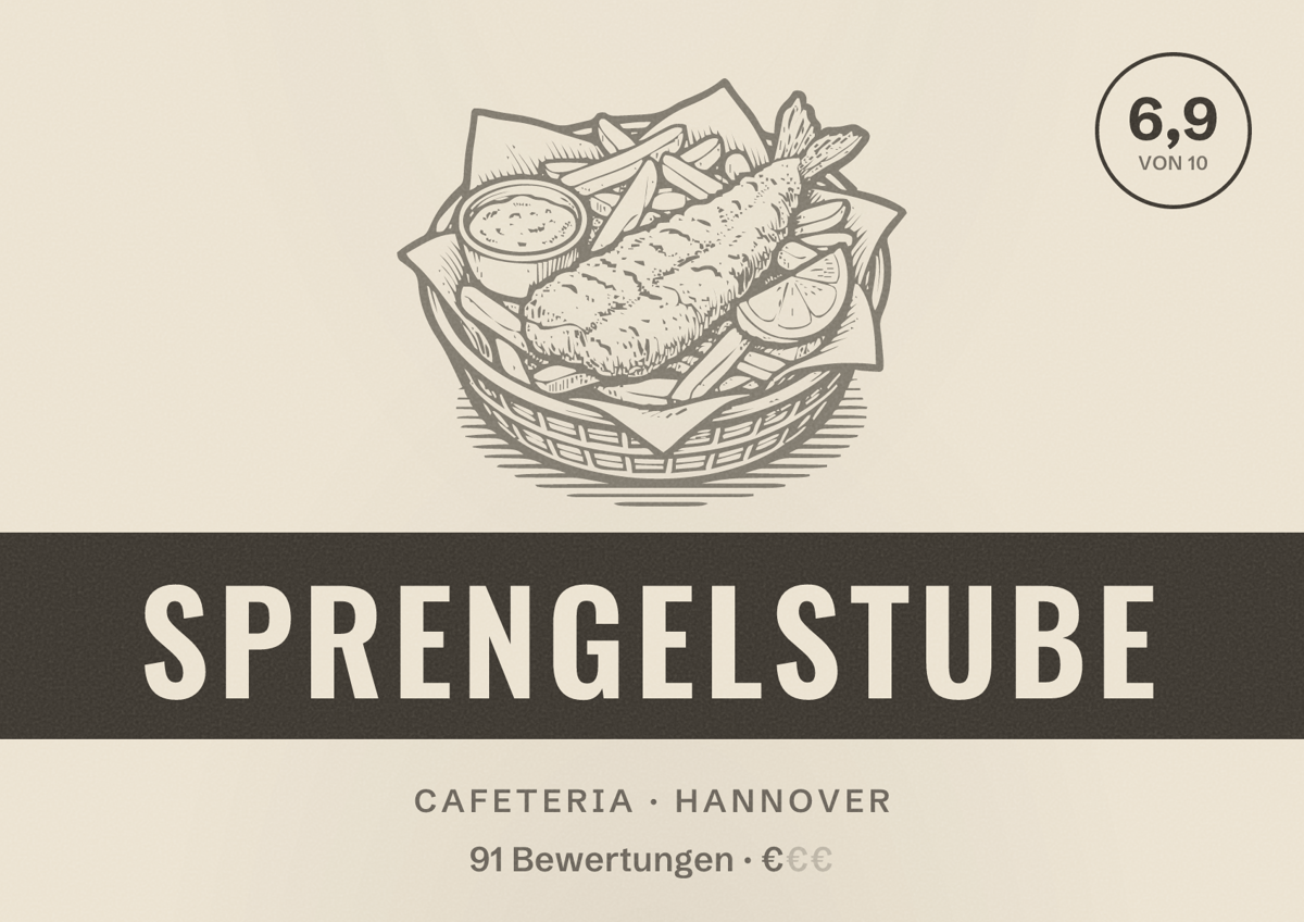 Illustriertes Poster von Sprengelstube, Cafeteria in Hannover: Bewertung 6,9 von 10 aus 91 Bewertungen, Preisniveau €
