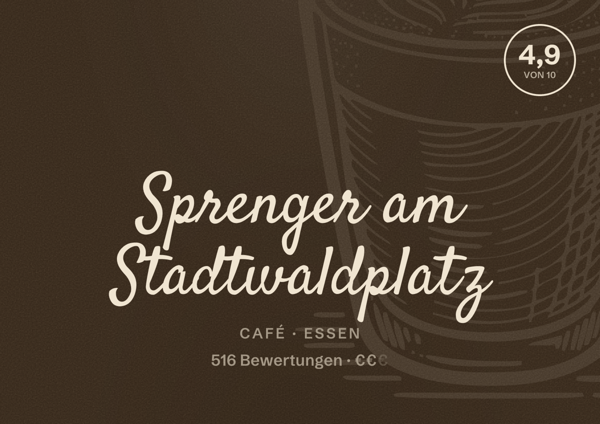Illustriertes Poster von Sprenger am Stadtwaldplatz, Café in Essen: Bewertung 4,9 von 10 aus 516 Bewertungen, Preisniveau €€