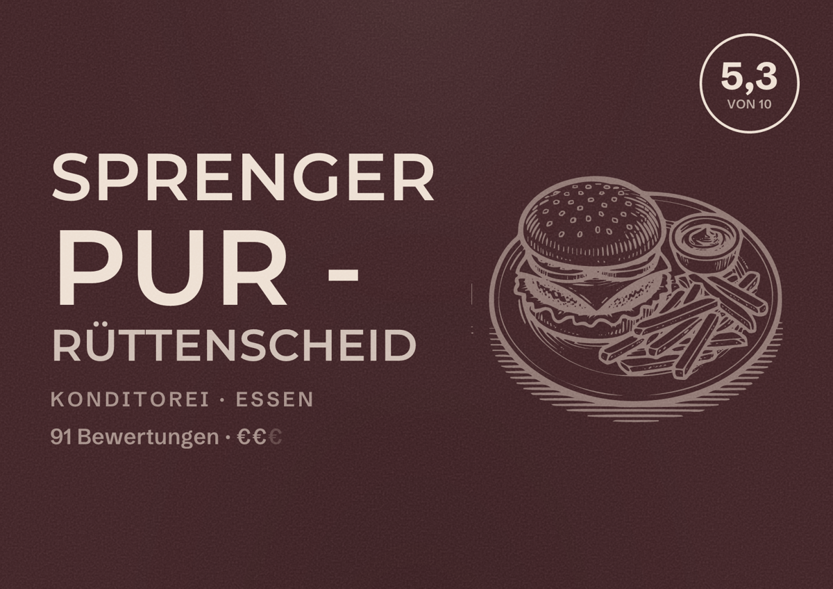 Illustriertes Poster von Sprenger Pur - Rüttenscheid, Konditorei in Essen: Bewertung 5,3 von 10 aus 91 Bewertungen, Preisniveau €€