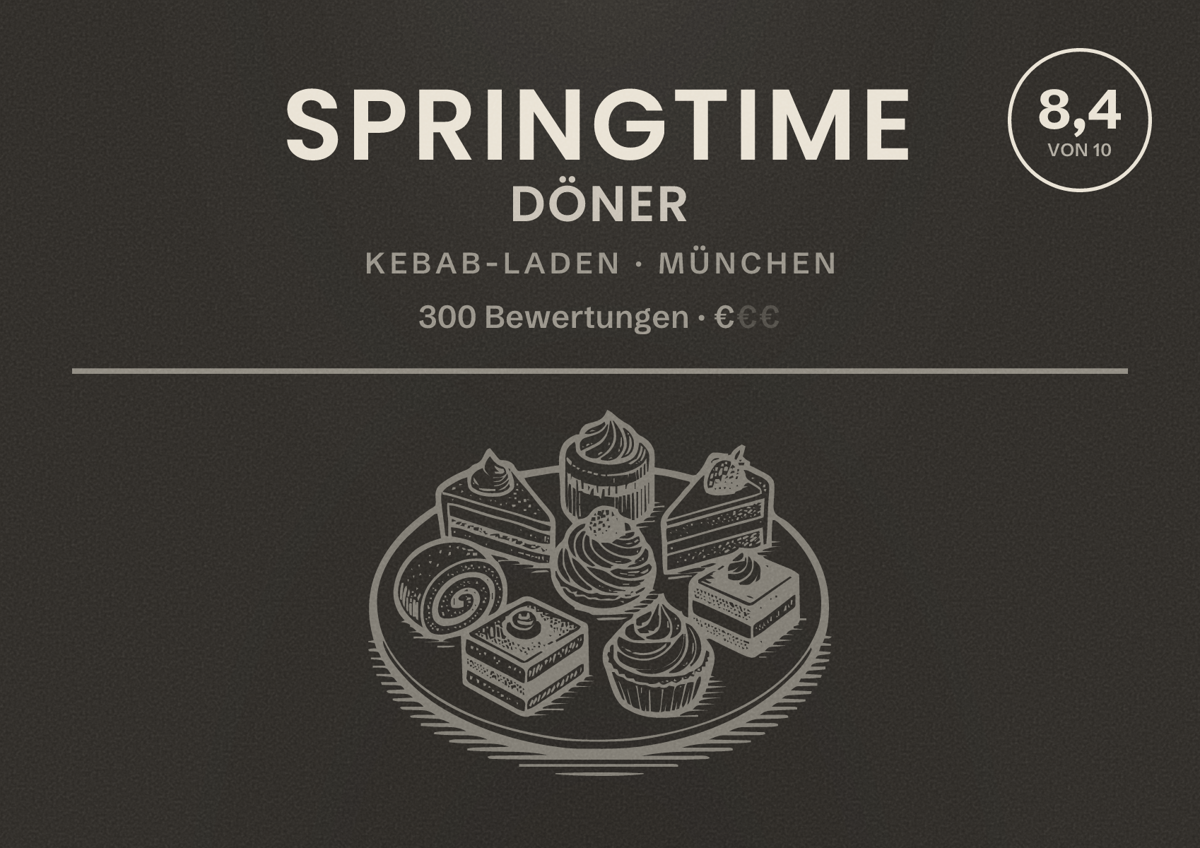 Illustriertes Poster von Springtime Döner, Kebab-Laden in München: Bewertung 8,4 von 10 aus 300 Bewertungen, Preisniveau €