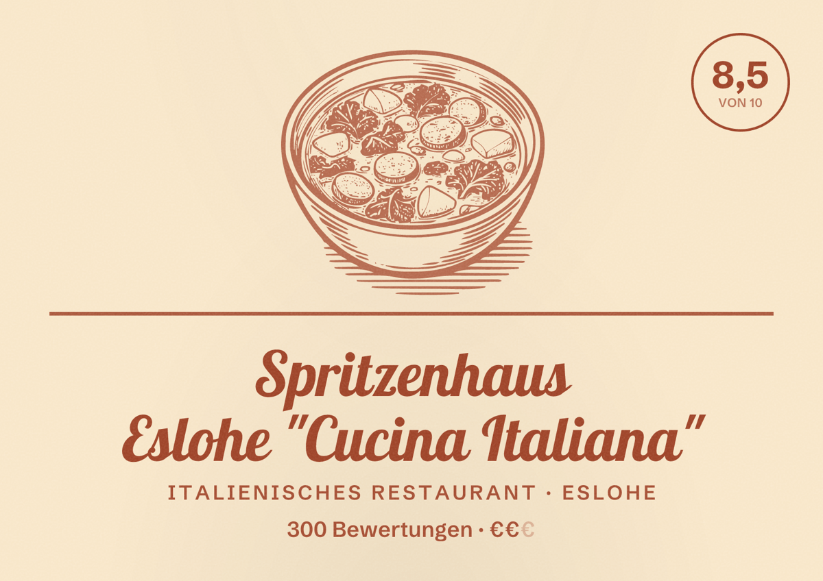 Illustriertes Poster von Spritzenhaus Eslohe "Cucina Italiana", Italienisches Restaurant in Eslohe: Bewertung 8,5 von 10 aus 300 Bewertungen, Preisniveau €€