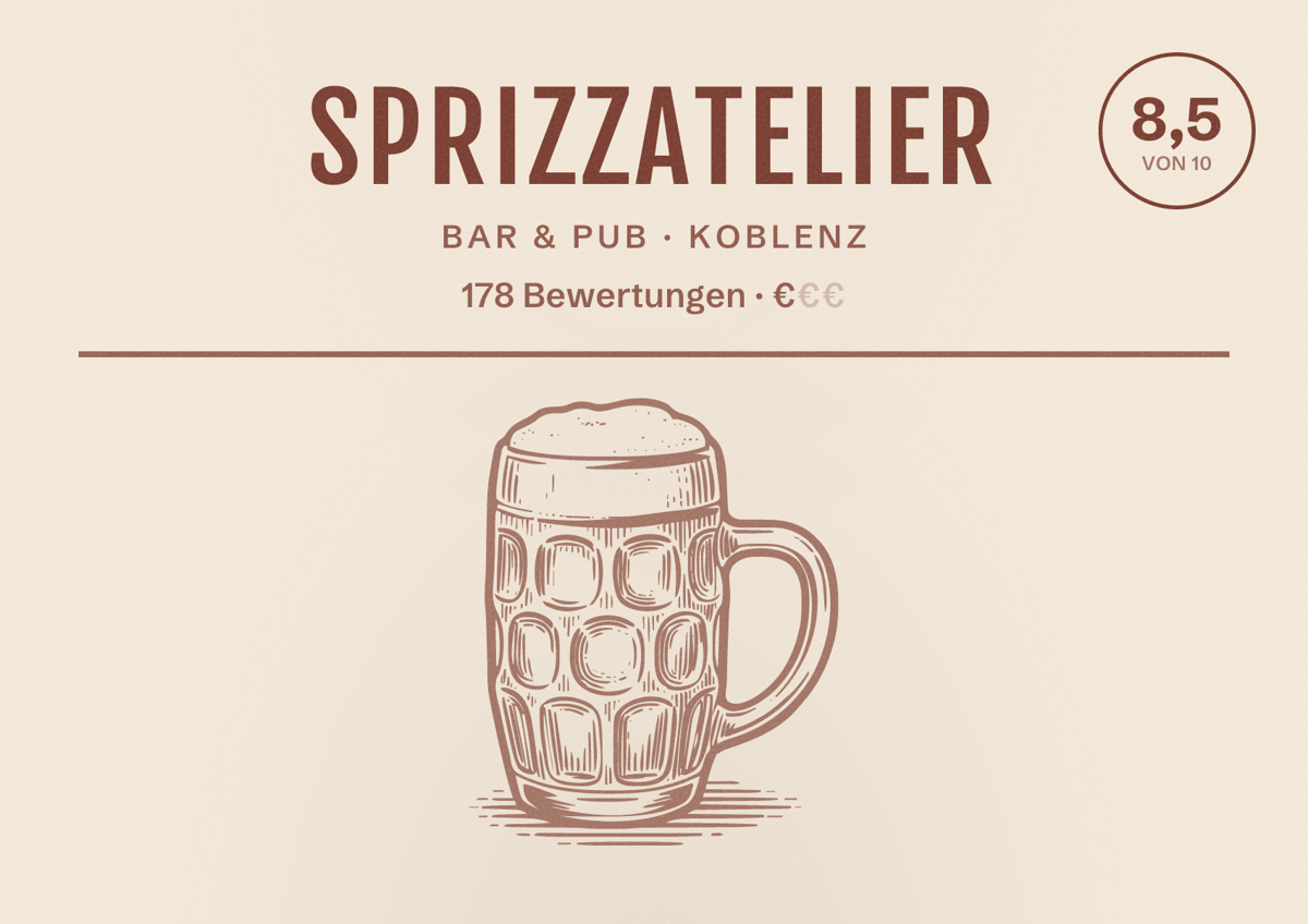 Illustriertes Poster von SprizzAtelier, Bar & Pub in Koblenz: Bewertung 8,5 von 10 aus 178 Bewertungen, Preisniveau €