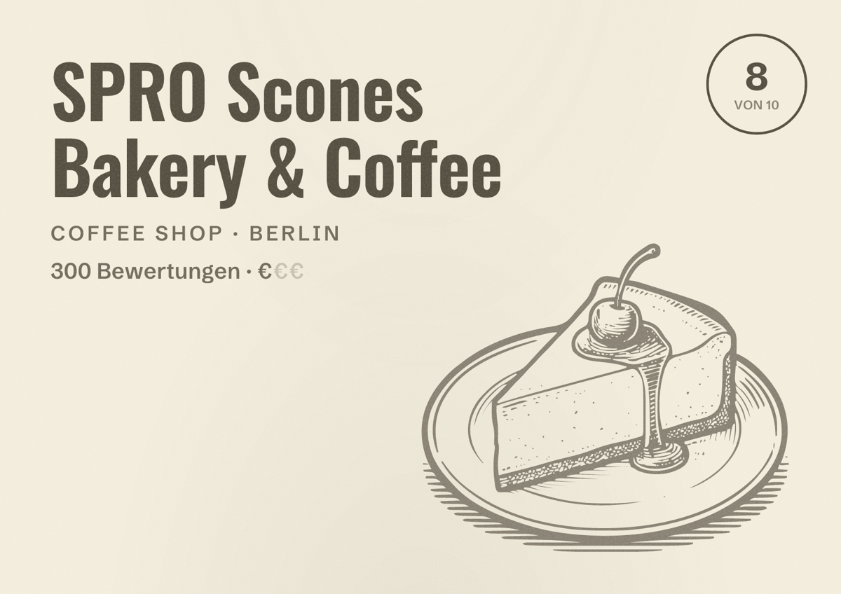 Illustriertes Poster von SPRO Scones Bakery & Coffee, Coffee Shop in Berlin: Bewertung 8,0 von 10 aus 300 Bewertungen, Preisniveau €