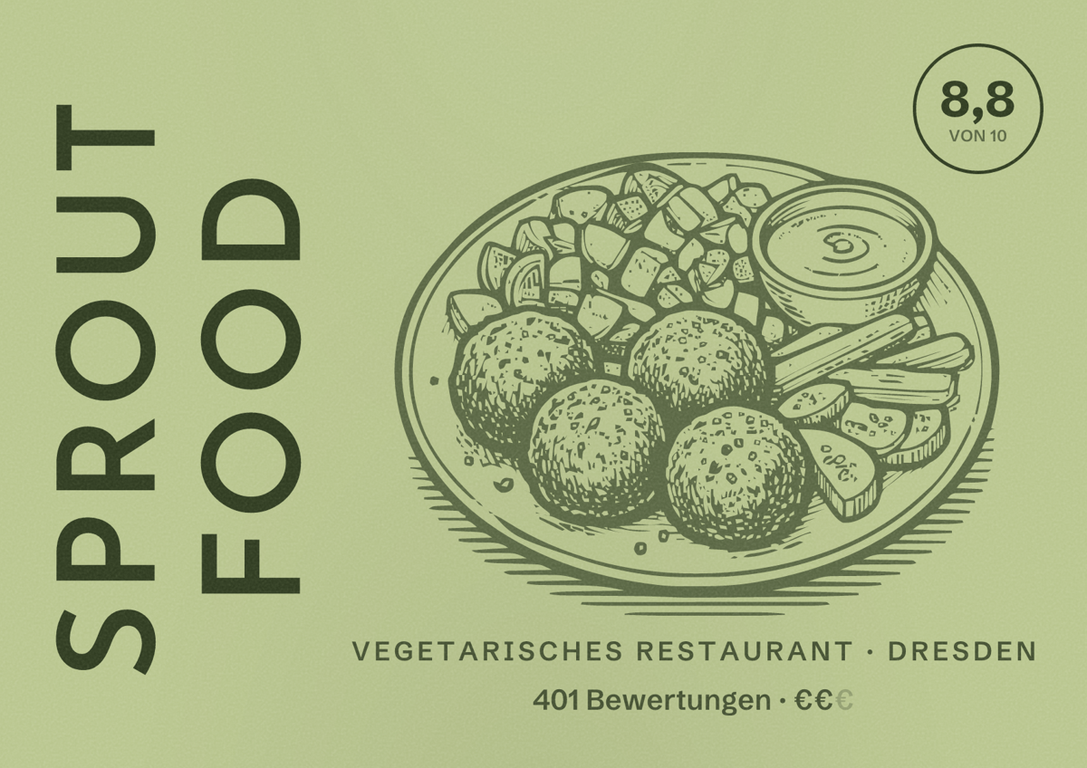 Illustriertes Poster von SPROUT FOOD, Vegetarisches Restaurant in Dresden: Bewertung 8,8 von 10 aus 401 Bewertungen, Preisniveau €€