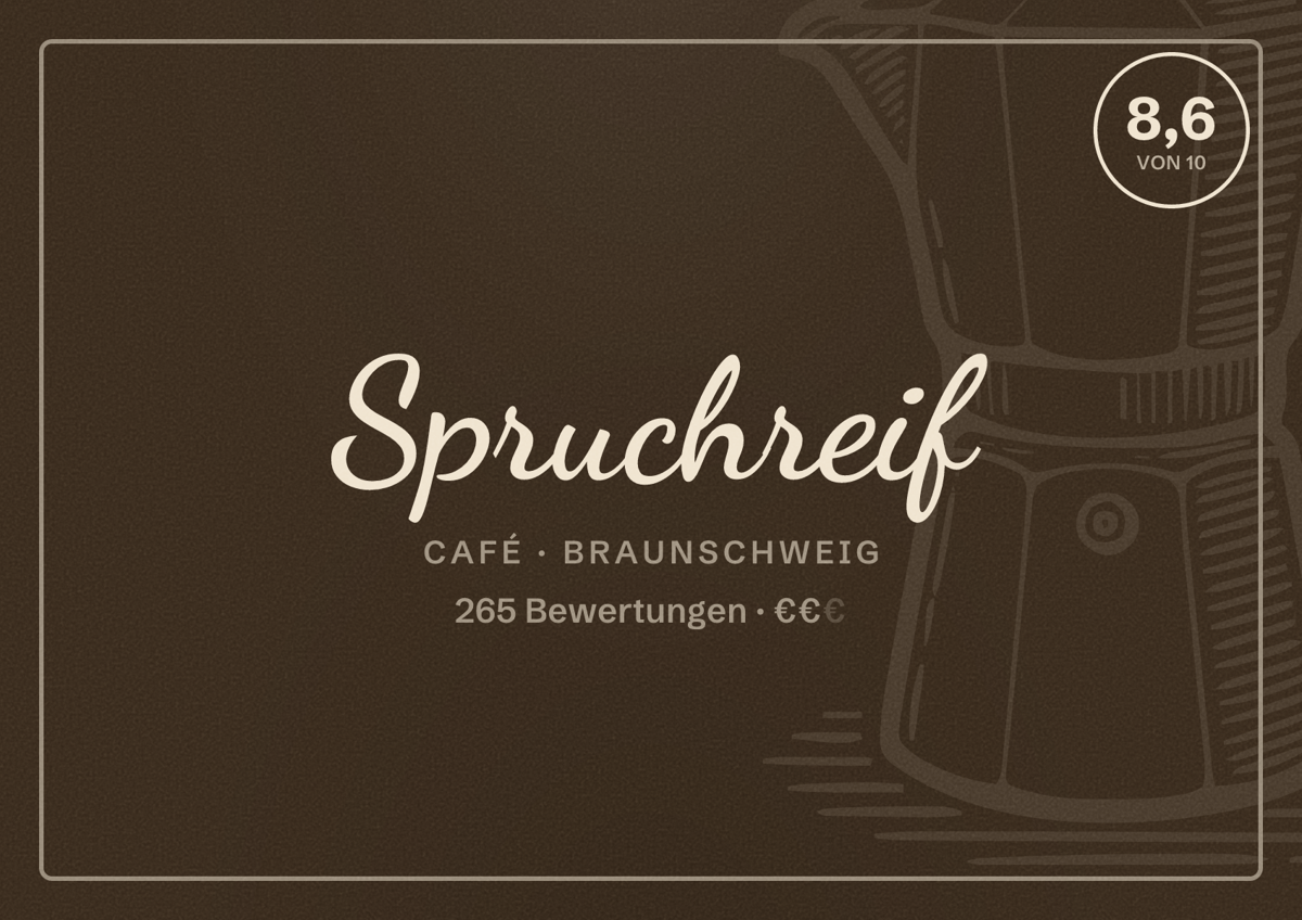 Illustriertes Poster von Spruchreif, Café in Braunschweig: Bewertung 8,6 von 10 aus 265 Bewertungen, Preisniveau €€