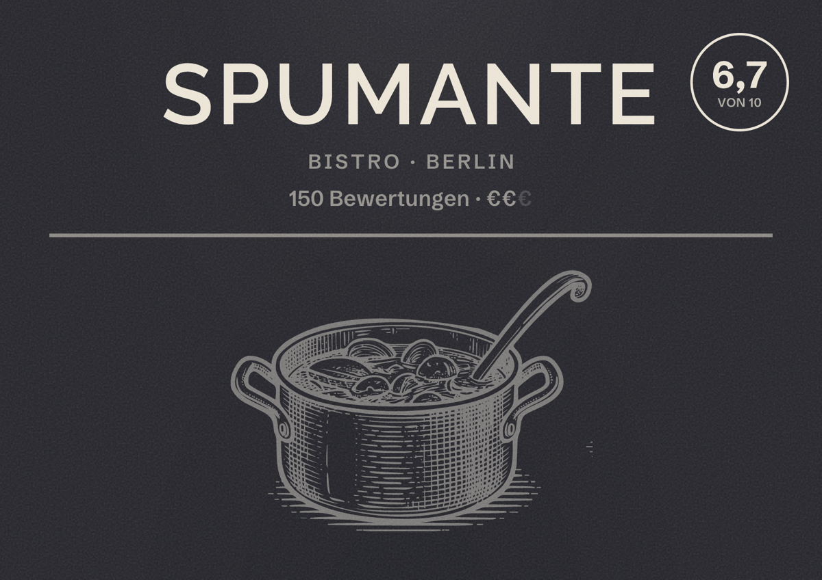 Illustriertes Poster von Spumante, Bistro in Berlin: Bewertung 6,7 von 10 aus 150 Bewertungen, Preisniveau €€