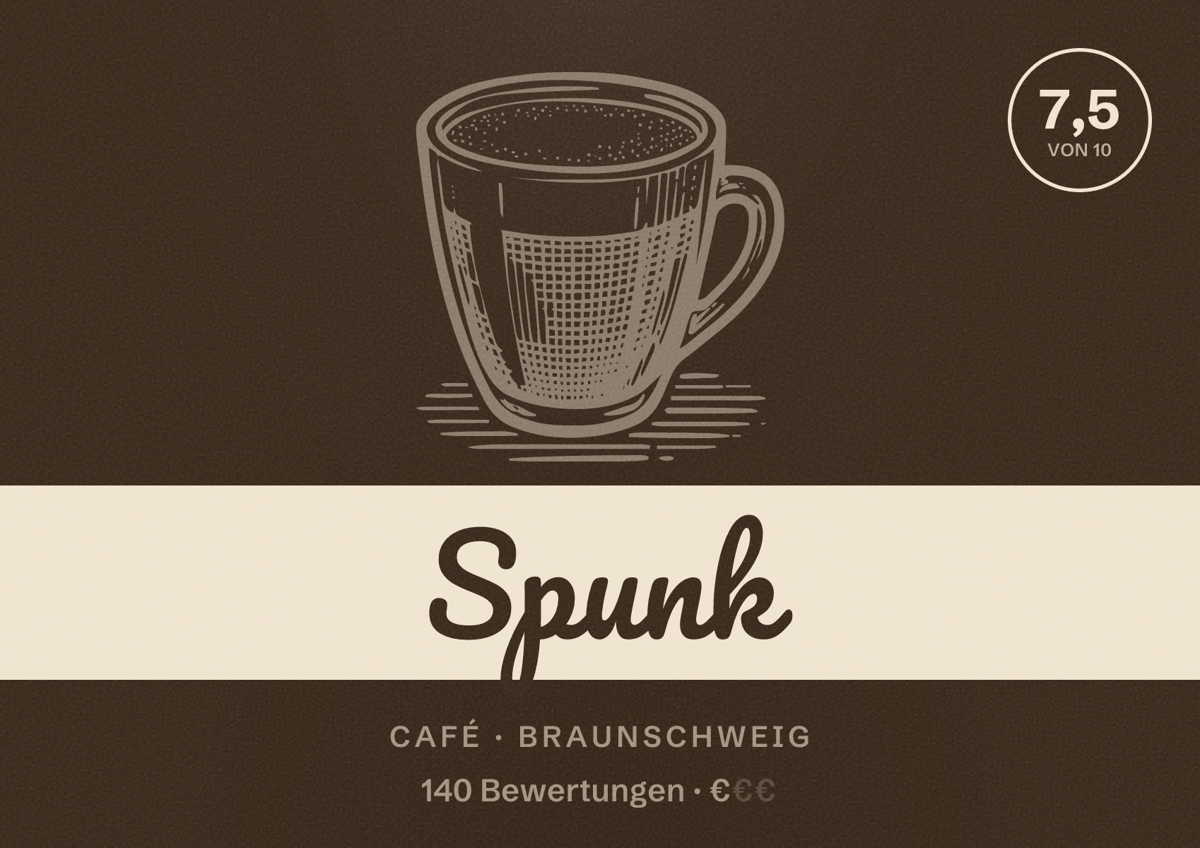 Illustriertes Poster von Spunk, Café in Braunschweig: Bewertung 7,5 von 10 aus 140 Bewertungen, Preisniveau €