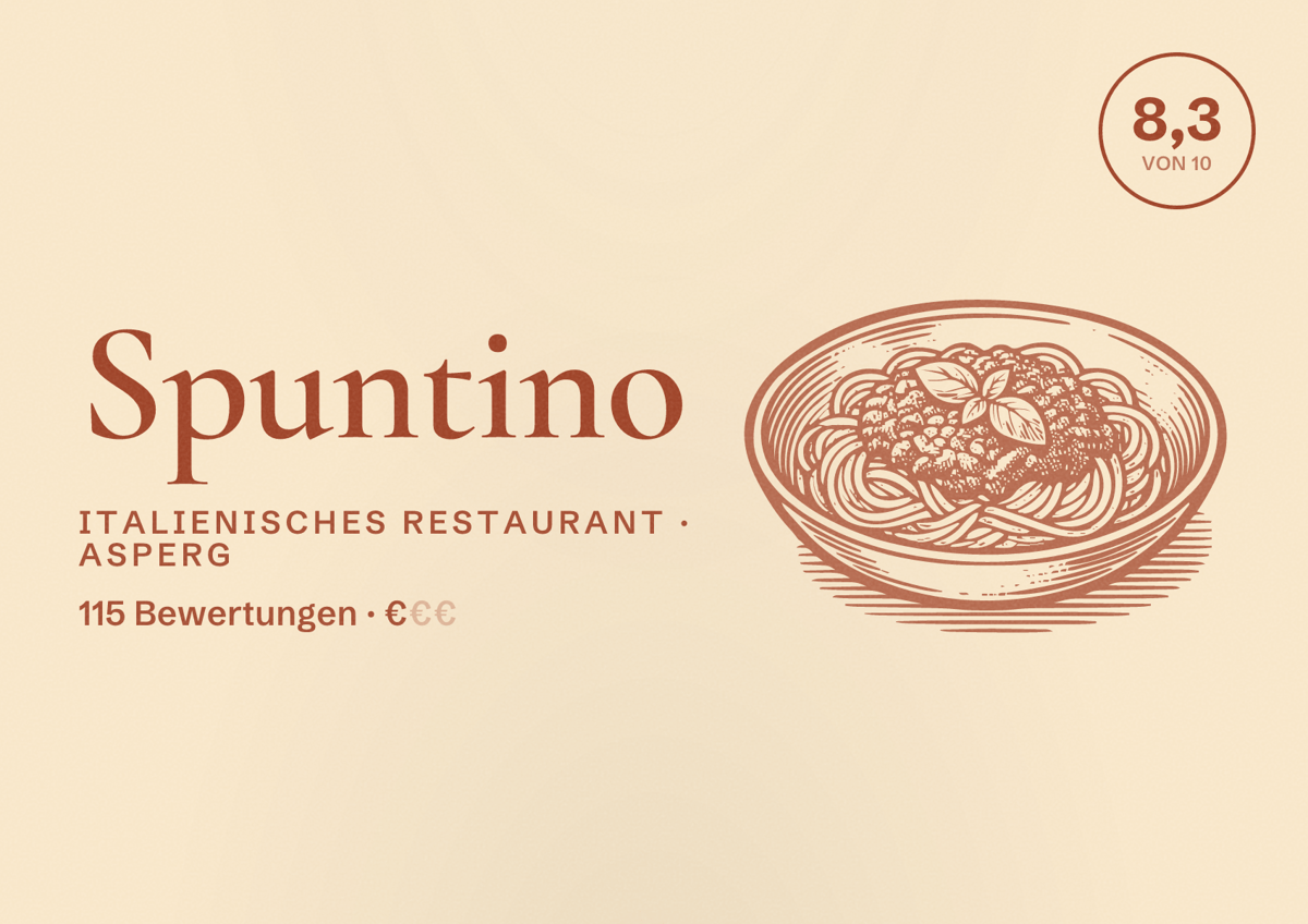 Illustriertes Poster von Spuntino, Italienisches Restaurant in Asperg: Bewertung 8,3 von 10 aus 115 Bewertungen, Preisniveau €