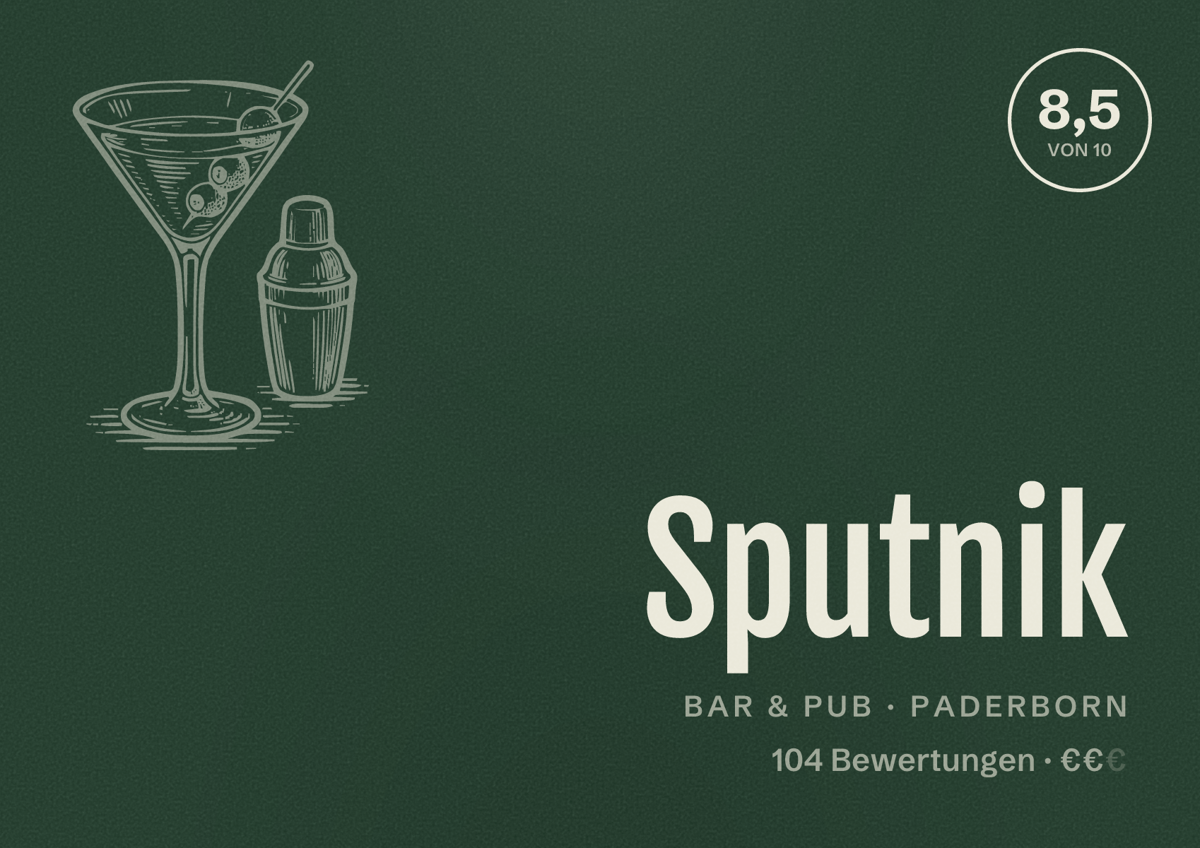 Illustriertes Poster von Sputnik, Bar & Pub in Paderborn: Bewertung 8,5 von 10 aus 104 Bewertungen, Preisniveau €€