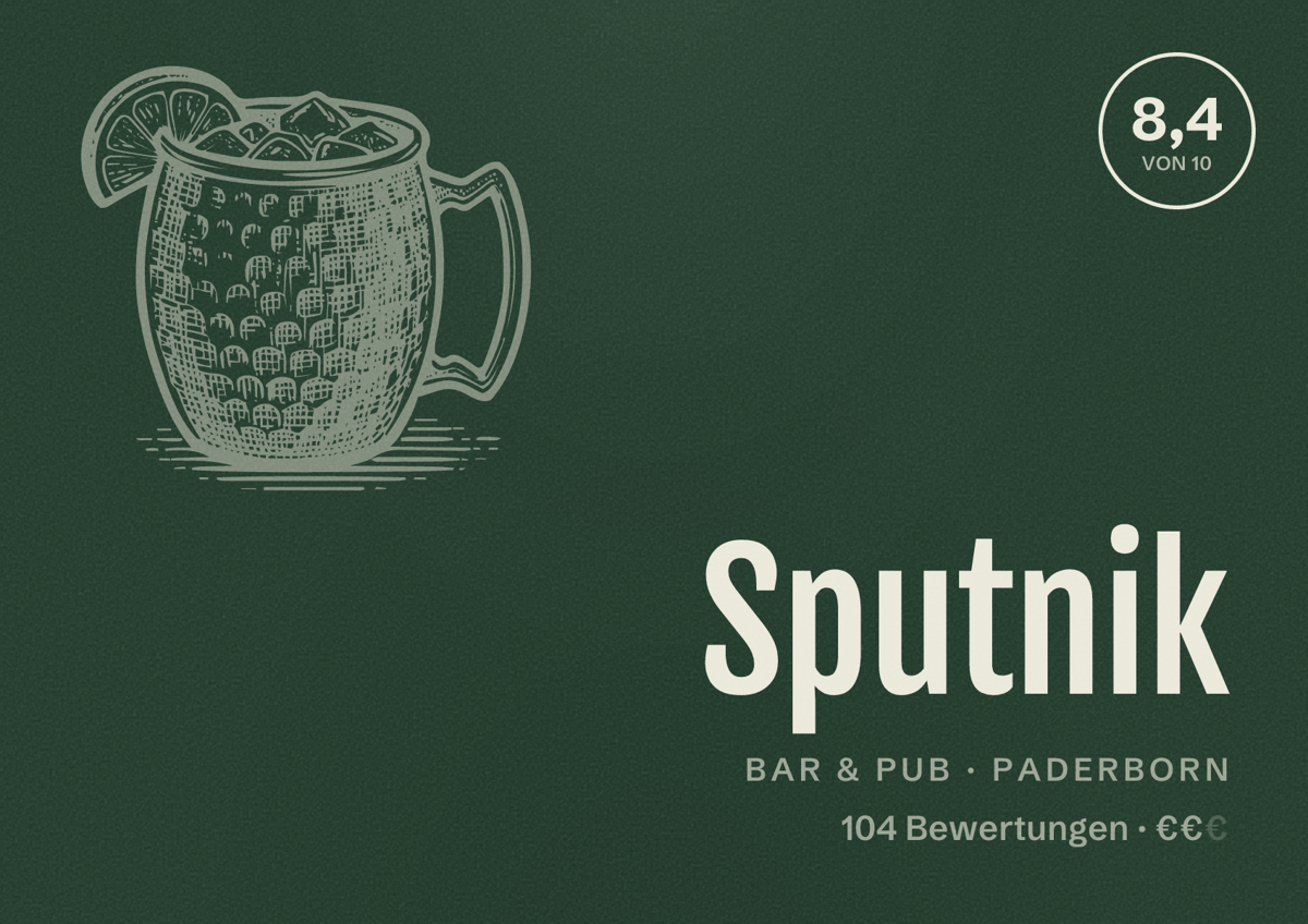 Illustriertes Poster von Sputnik, Bar & Pub in Paderborn: Bewertung 8,4 von 10 aus 104 Bewertungen, Preisniveau €€