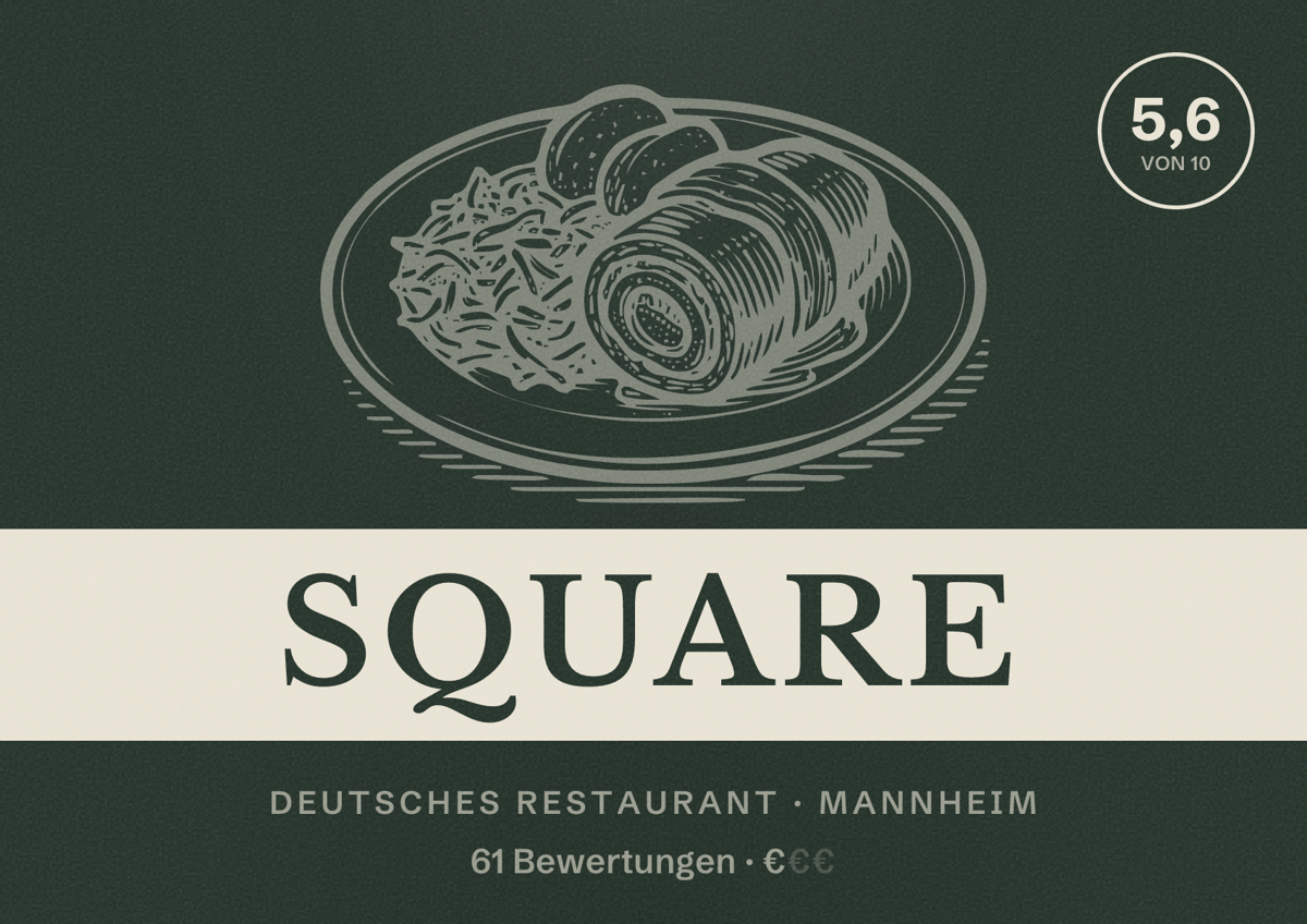 Illustriertes Poster von Square, Deutsches Restaurant in Mannheim: Bewertung 5,6 von 10 aus 61 Bewertungen, Preisniveau €