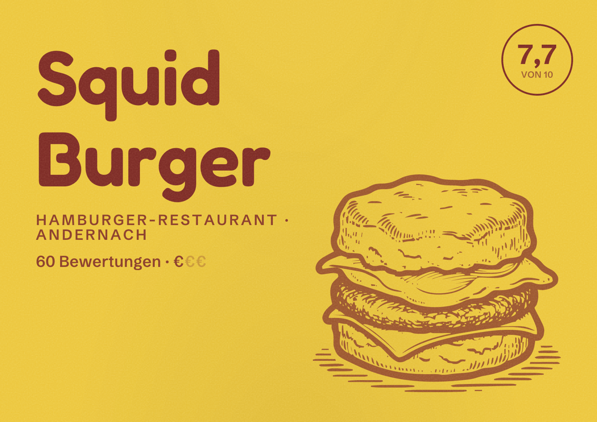 Illustriertes Poster von Squid Burger, Hamburger-Restaurant in Andernach: Bewertung 7,7 von 10 aus 60 Bewertungen, Preisniveau €