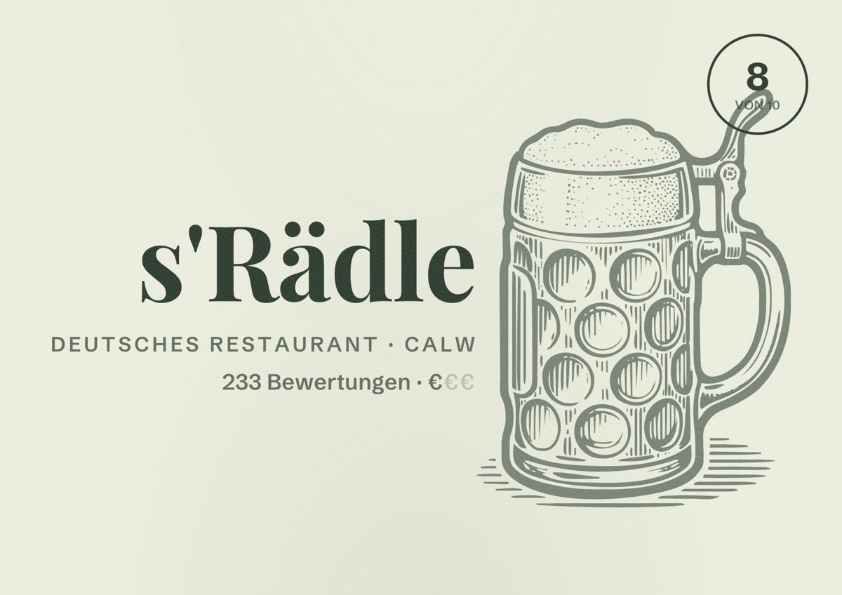 Illustriertes Poster von s'Rädle, Deutsches Restaurant in Calw: Bewertung 8 von 10 aus 233 Bewertungen, Preisniveau €