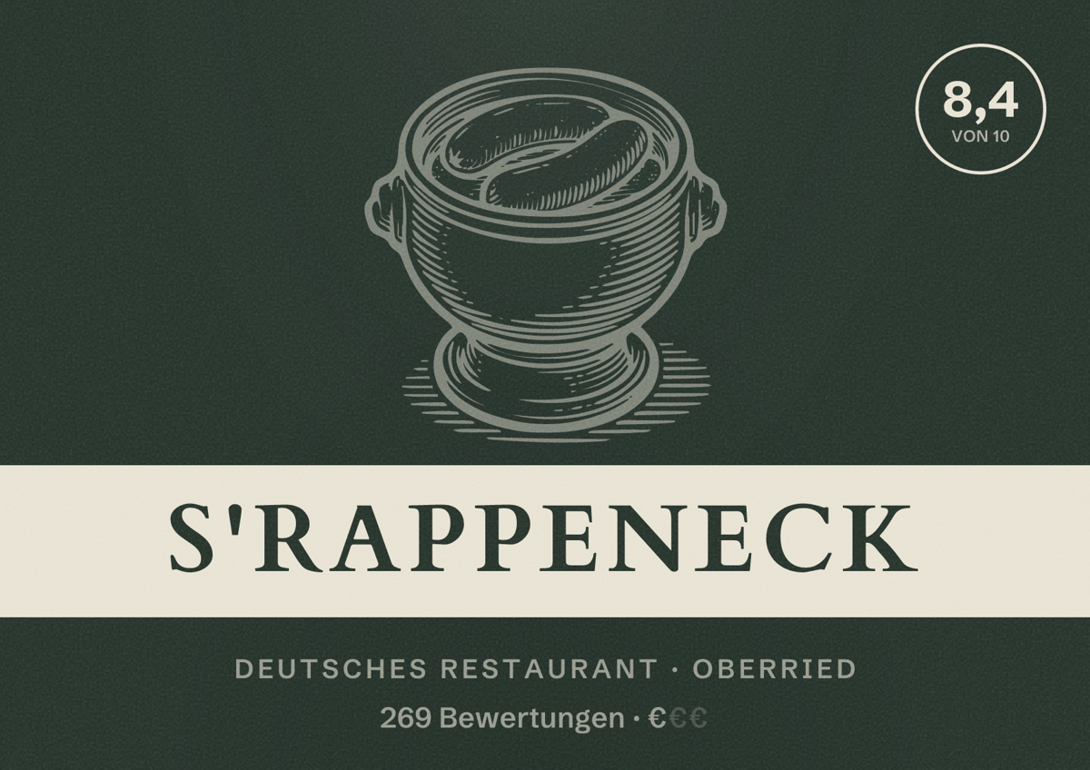 Illustriertes Poster von S'Rappeneck, Deutsches Restaurant in Oberried: Bewertung 8,4 von 10 aus 269 Bewertungen, Preisniveau €