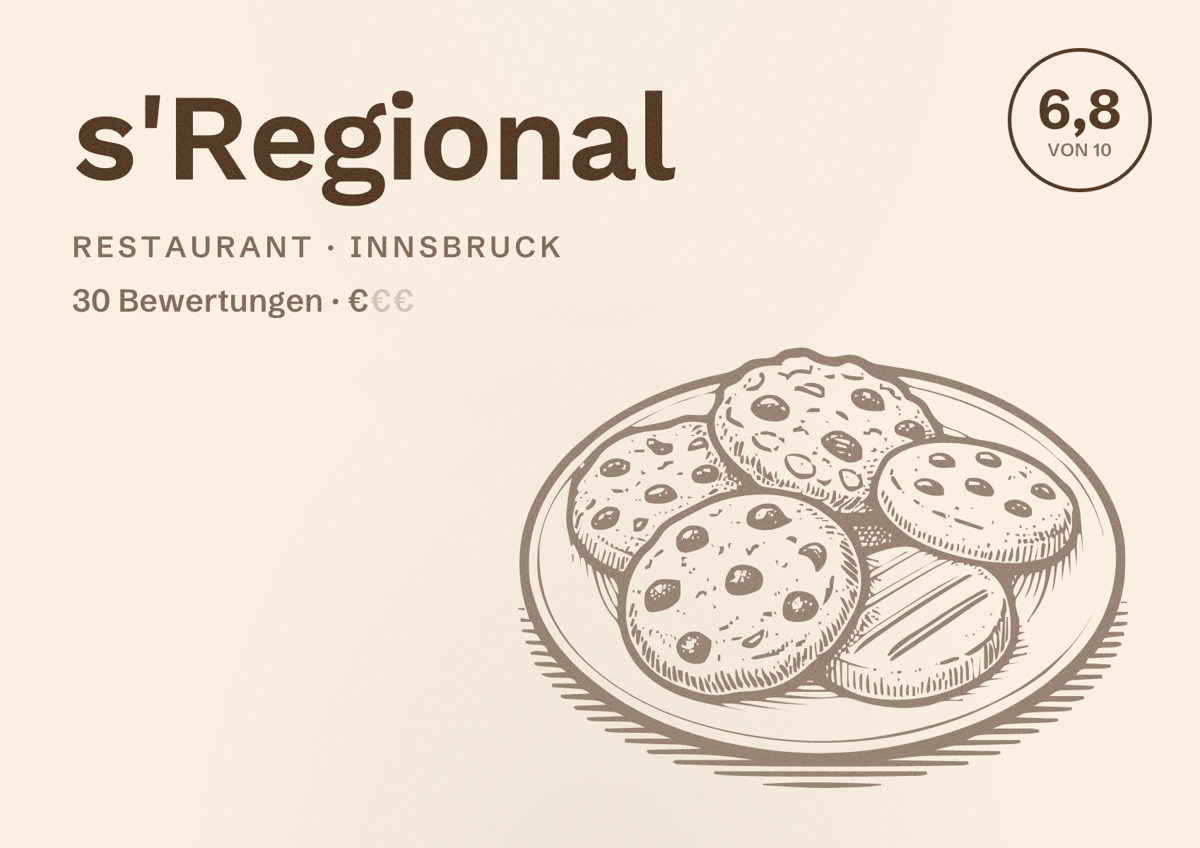 Illustriertes Poster von s'Regional, Restaurant in Innsbruck: Bewertung 6,8 von 10 aus 30 Bewertungen, Preisniveau €