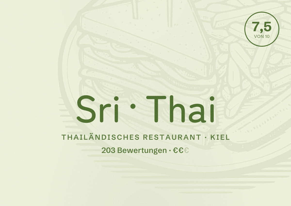 Illustriertes Poster von Sri Thai, Thailändisches Restaurant in Kiel: Bewertung 7,5 von 10 aus 203 Bewertungen, Preisniveau €€