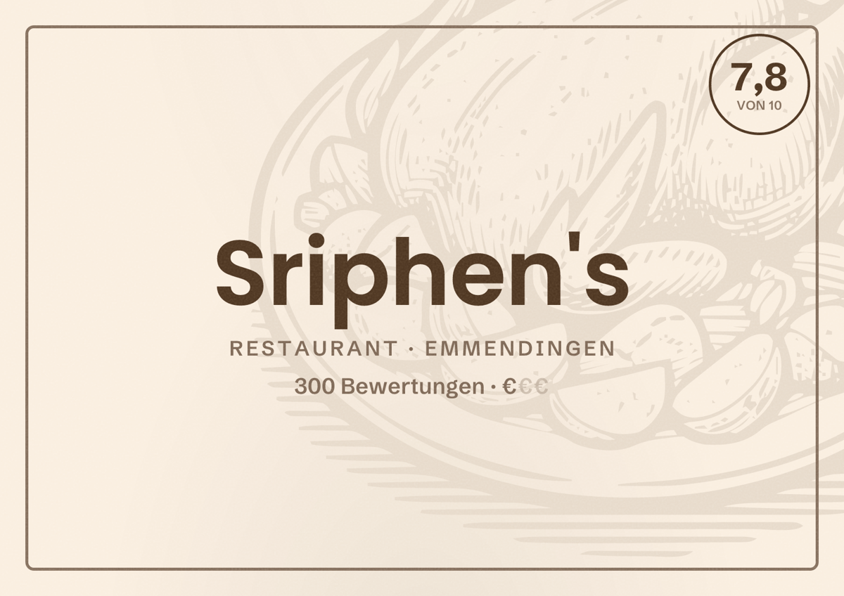 Illustriertes Poster von Sriphen's, Restaurant in Emmendingen: Bewertung 7,8 von 10 aus 300 Bewertungen, Preisniveau €