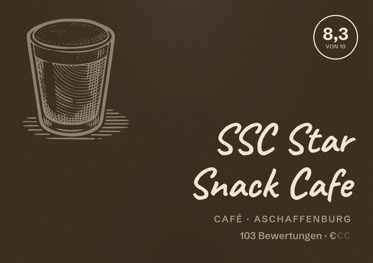 Illustriertes Poster von SSC Star Snack Cafe, Café in Aschaffenburg: Bewertung 8,3 von 10 aus 103 Bewertungen, Preisniveau €