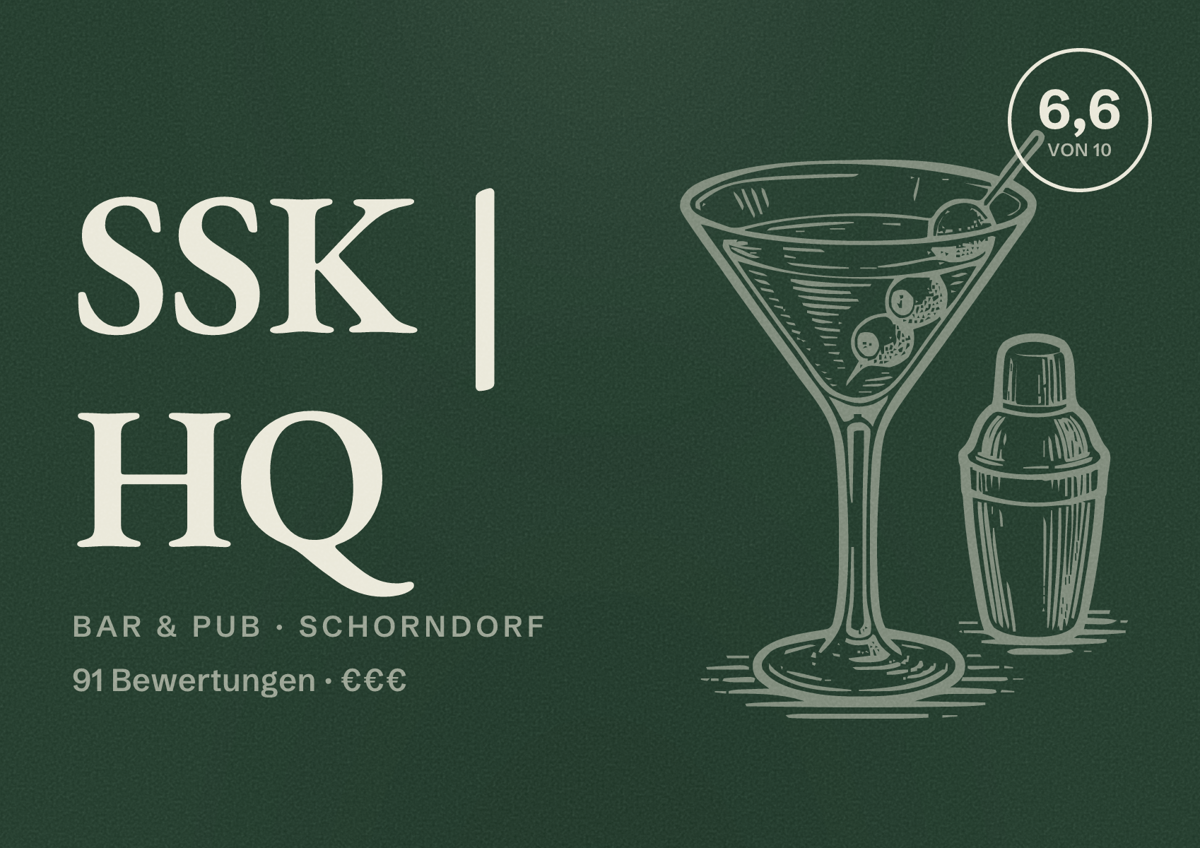 Illustriertes Poster von SSK | HQ, Bar & Pub in Schorndorf: Bewertung 6,6 von 10 aus 91 Bewertungen, Preisniveau €€€