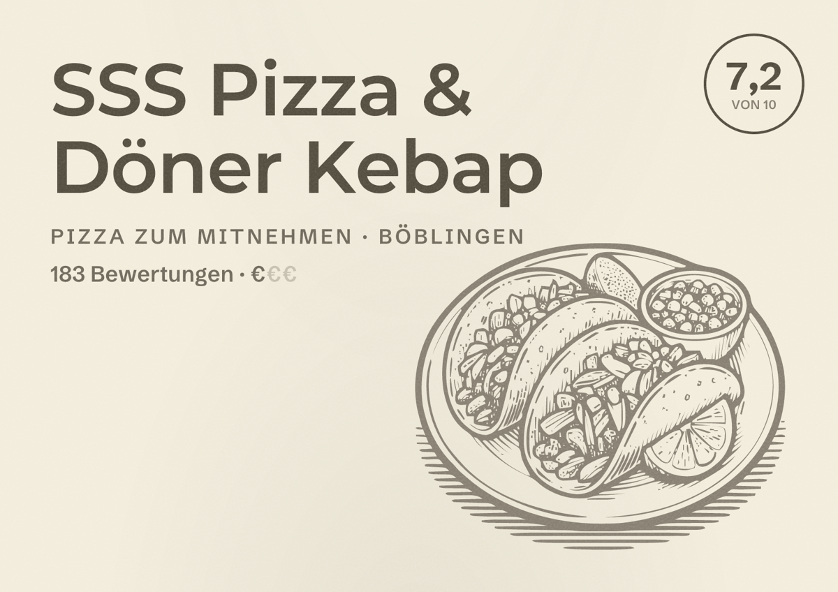 Illustriertes Poster von SSS Pizza & Döner Kebap, Pizza zum Mitnehmen in Böblingen: Bewertung 7,2 von 10 aus 183 Bewertungen, Preisniveau €