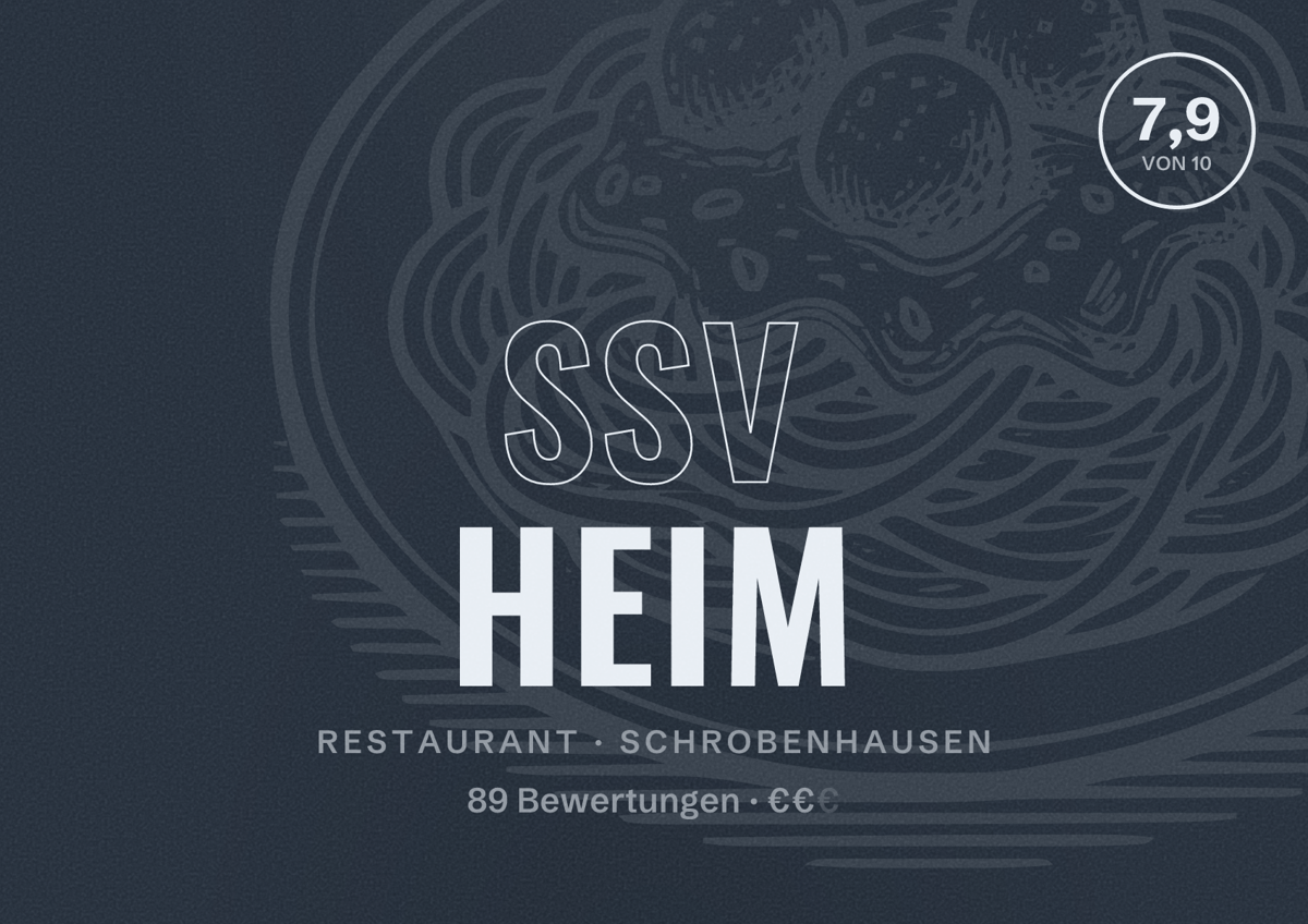Illustriertes Poster von SSV Heim, Restaurant in Schrobenhausen: Bewertung 7,9 von 10 aus 89 Bewertungen, Preisniveau €€