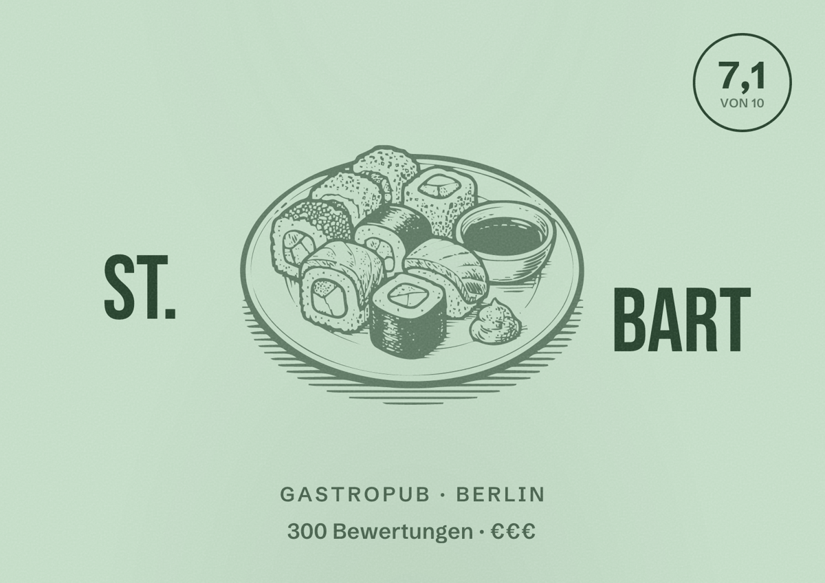 Illustriertes Poster von St. Bart, Gastropub in Berlin: Bewertung 7,1 von 10 aus 300 Bewertungen, Preisniveau €€€