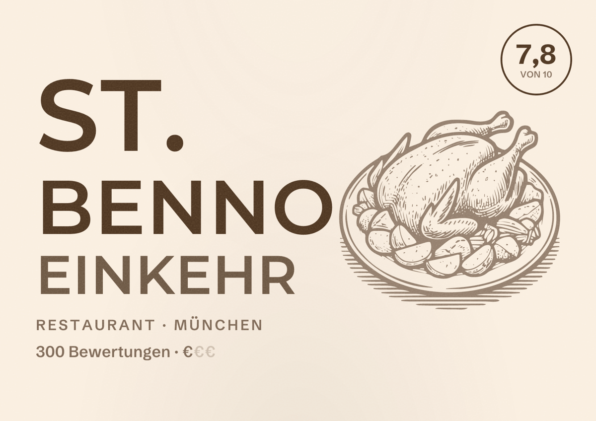Illustriertes Poster von St. Benno Einkehr, Restaurant in München: Bewertung 7,8 von 10 aus 300 Bewertungen, Preisniveau €