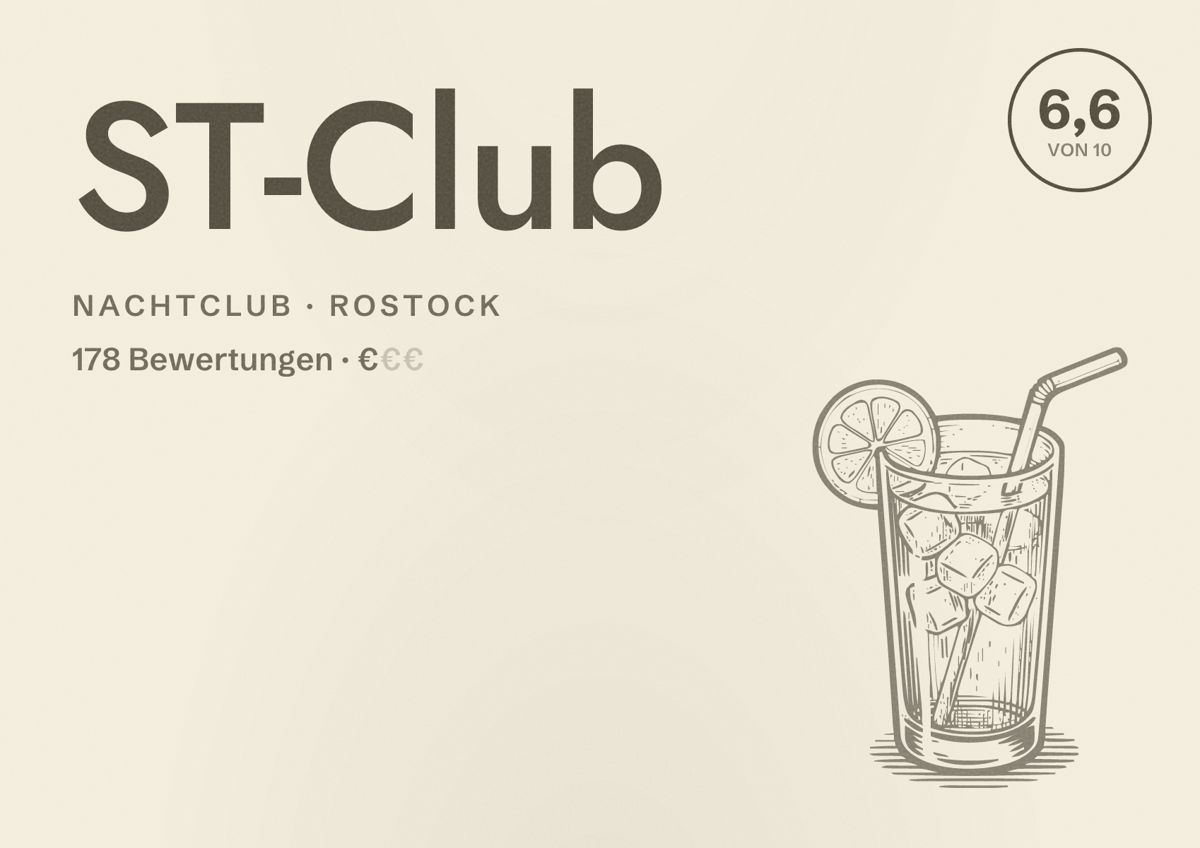 Illustriertes Poster von ST-Club, Nachtclub in Rostock: Bewertung 6,6 von 10 aus 178 Bewertungen, Preisniveau €