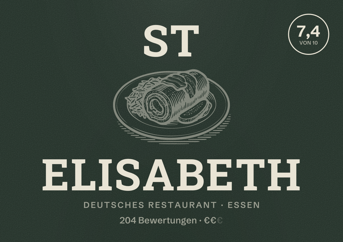 Illustriertes Poster von St Elisabeth, Deutsches Restaurant in Essen: Bewertung 7,4 von 10 aus 204 Bewertungen, Preisniveau €€