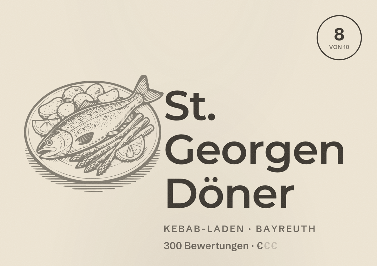 Illustriertes Poster von St. Georgen Döner, Kebab-Laden in Bayreuth: Bewertung 8 von 10 aus 300 Bewertungen, Preisniveau €