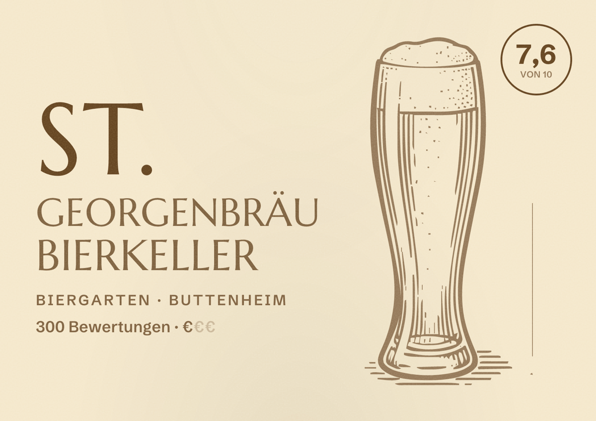 Illustriertes Poster von St. GeorgenBräu Bierkeller, Biergarten in Buttenheim: Bewertung 7,6 von 10 aus 300 Bewertungen, Preisniveau €