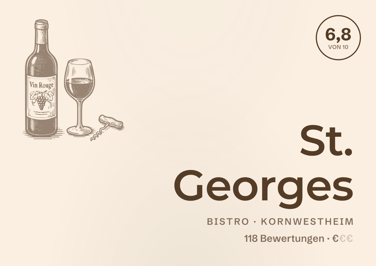 Illustriertes Poster von St. Georges, Bistro in Kornwestheim: Bewertung 6,8 von 10 aus 118 Bewertungen, Preisniveau €